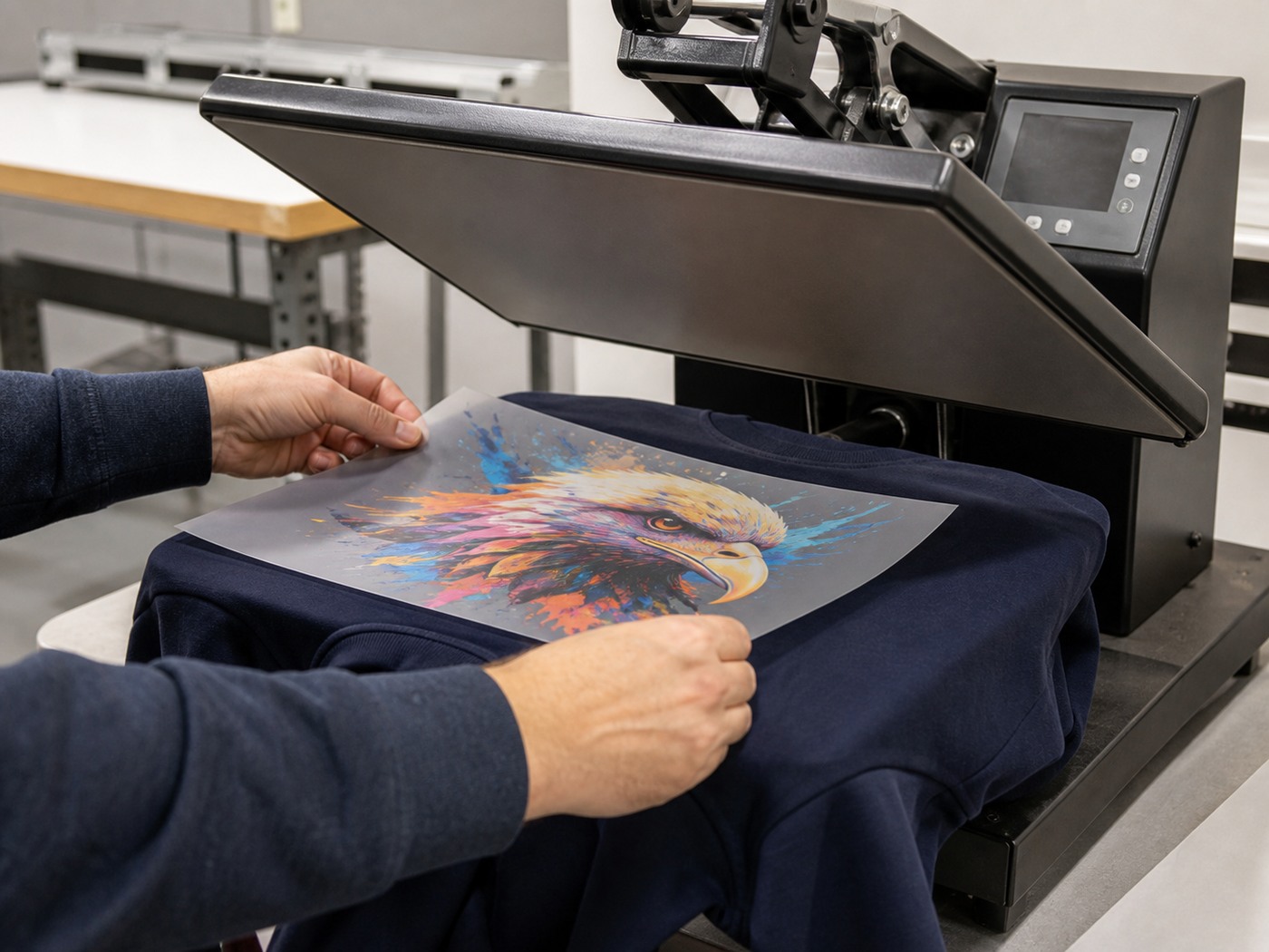 Heat press applying a full-colour transfer to apparel